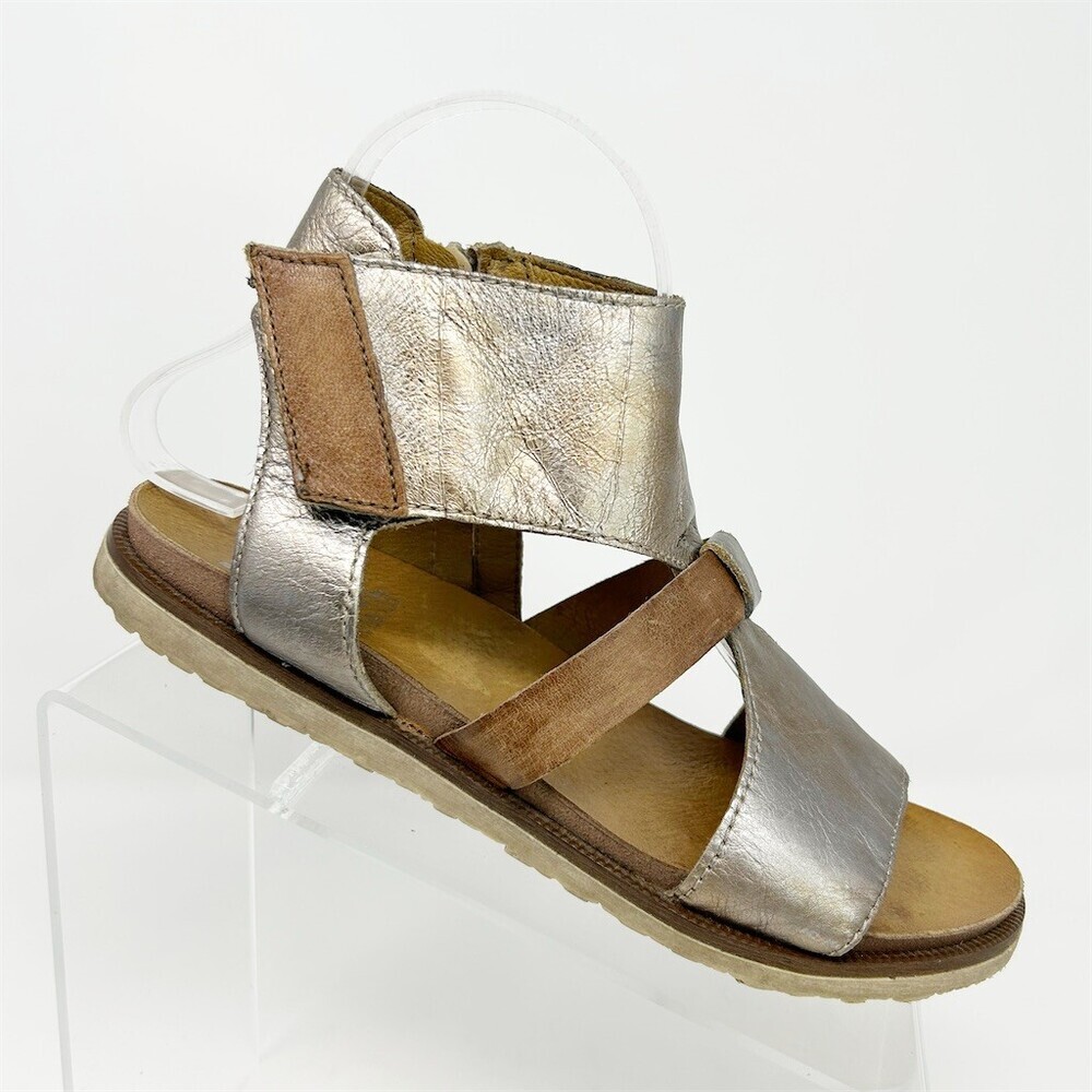 Miz Mooz Tamsyn Sandals Silver Metallic Ankle Strap Side Zip Flat Sized 38